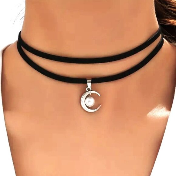 Moon Crystal Choker Necklace Layered Crescent Hippie Goth Rave Punk Boho Suede - Picture 1 of 3